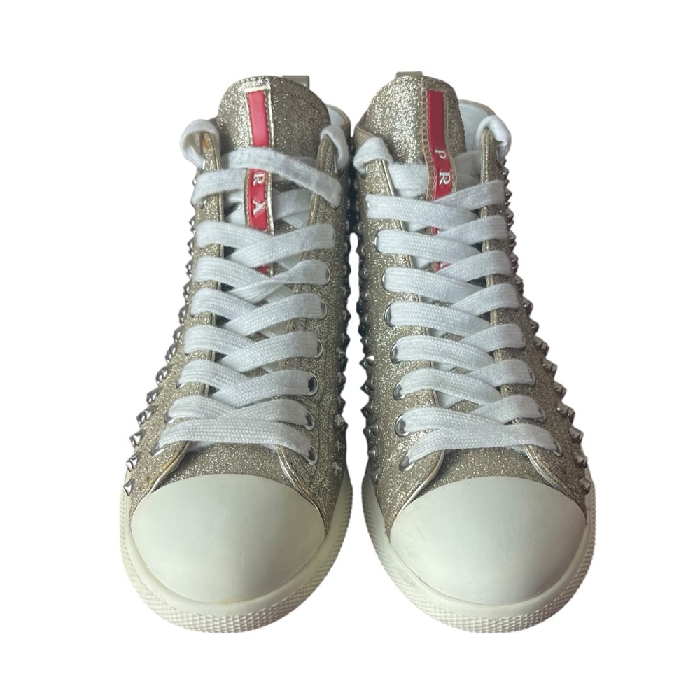 PRADA Glitter Leather Spiked High Top Sneakers Size 5.5/36 - Picture 5 of 10